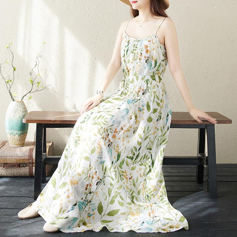 Летнее хлопковое конопляное платье большого размера для пляжного отдыха, путешествий, на бретельках, для женщин, повседневные платья