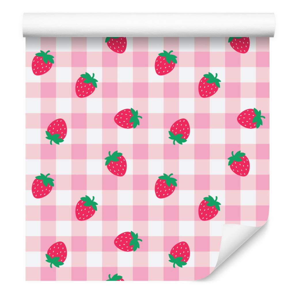 Strawberries and daisies wallpaper, powder pink, powder pink background, 50x1000