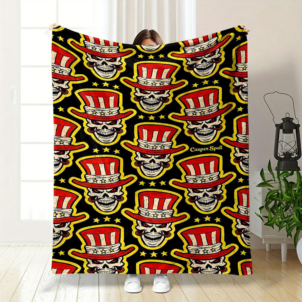 "Skull with Patriotic Hat Pattern" Patterned blanket, flannel, suitable for all seasons, home decor, warm and cozy