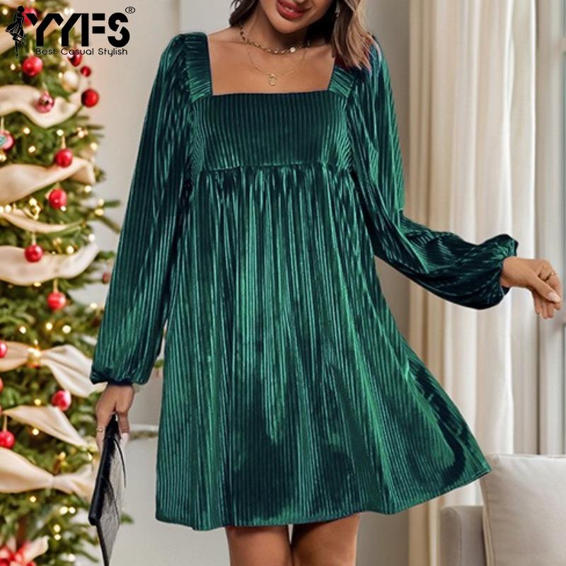 YYFS Женская мода весна осень однотонный принт длинный рукав квадратный воротник свободная талия повседневные платья