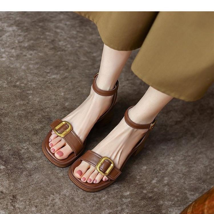 Fashion Ankle Strap VINTAGE Sandals for Women Open Toe High Heels Sandalias De Mujer Belt Buckle Square Heeled Women Pumps