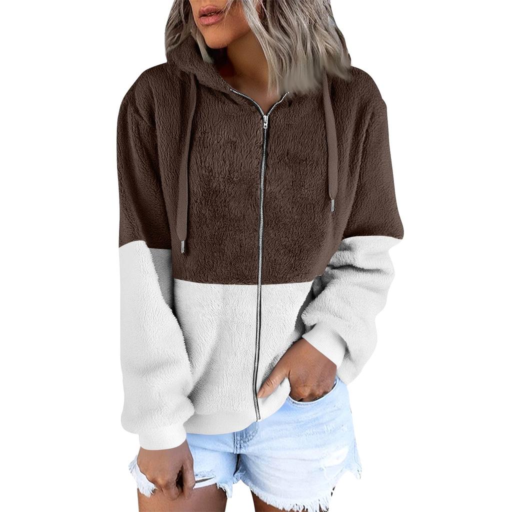 Women's Fashionable Warm Fleece Solid Color Hoodie Zipper Pocket Casual Jacket