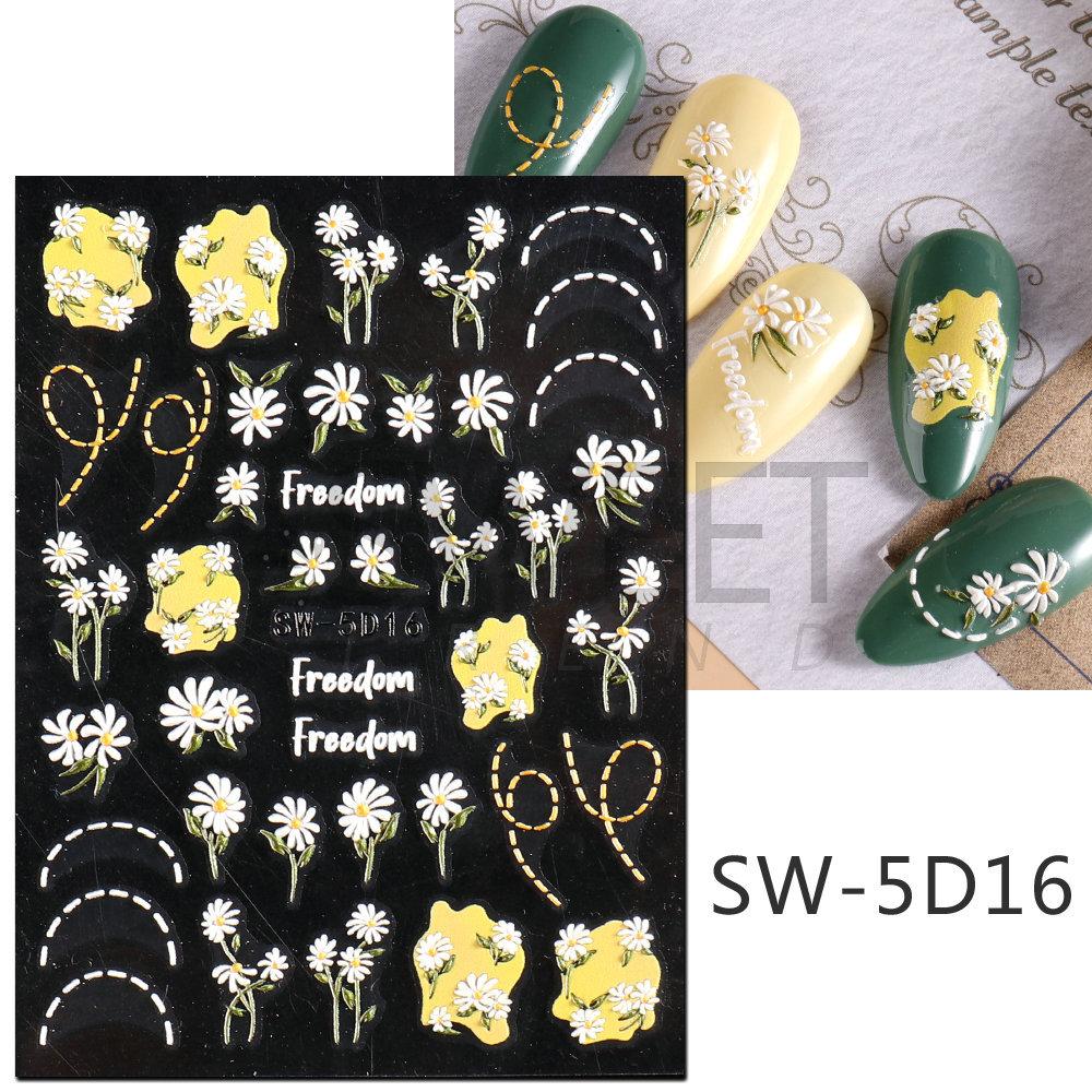 5D тисненные наклейки для ногтей, наклейки с кленовыми листьями, ромашки, тюльпаны, бабочки, осенние украшения для ногтей