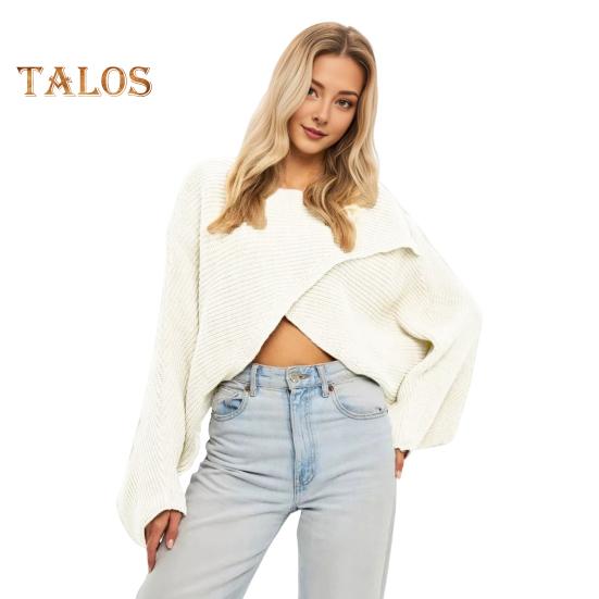 Women Sweater O-Neck Batwing Long Sleeve Solid Color Loose Fit Knitting Tops Exposed Navel Irregular Cross Sweater