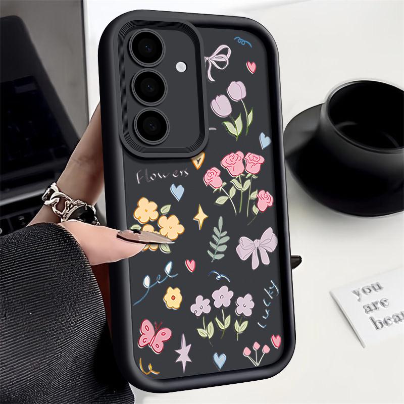 Cartoon Floral Print TPU Shockproof Matte Case For Samsung S25 Ultra S24 FE S23 Plus A56 A36 A16 A15 A55 A06 Soft Silicone Lens Protection Phone Cover