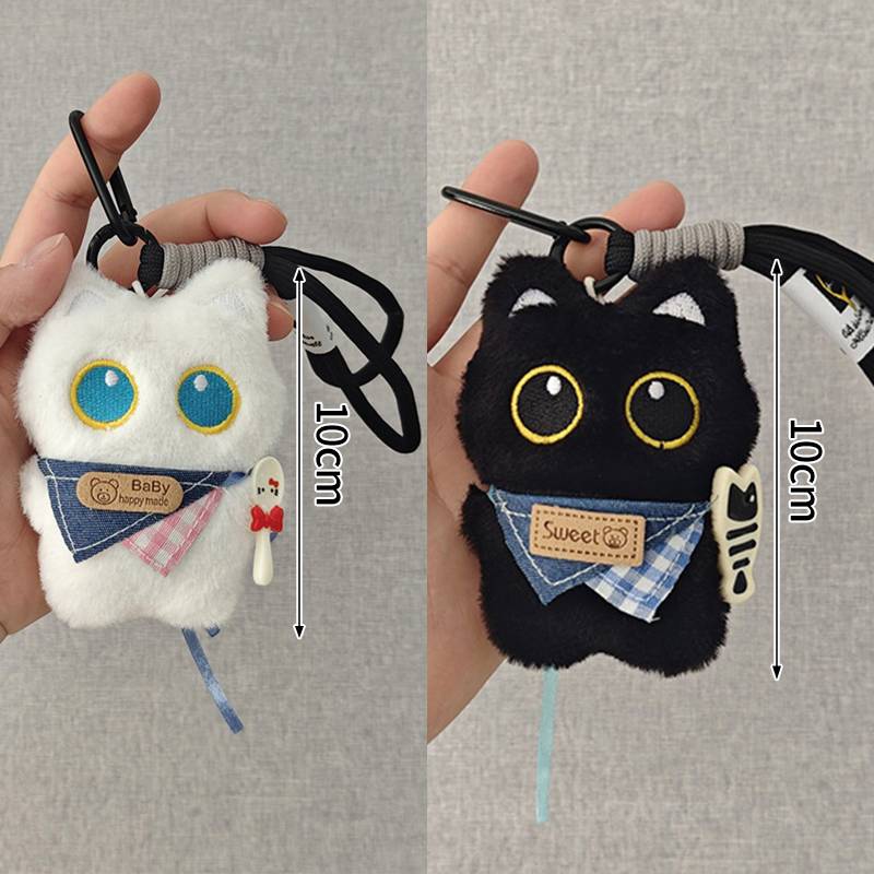 Cute Cartoon Black Cat Keychain Bag Pendant Backpack Hanging Ornaments Lovely Cat Doll With Camera Animal Car Keyring Kids Gift
