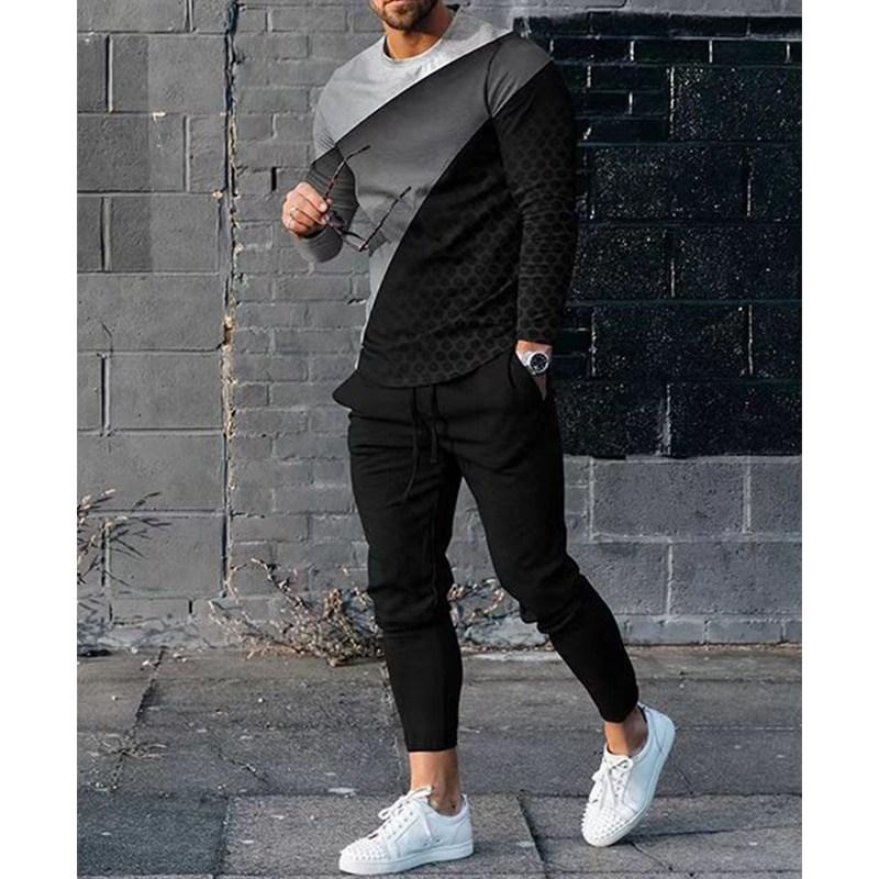 Fashion Splicing Color 3D Printing Men's Sportswear Set Casual Long-sleeved Pants 2-piece Set Oversized Pullover Men's Clothing