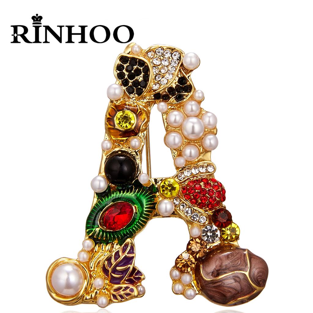 Rinhoo Trend Luxury Letter A D G S M Zirconia Baroque Brooch English Alphabet Imitation Pearl Rhinestone Initial Pin Lapel Badge