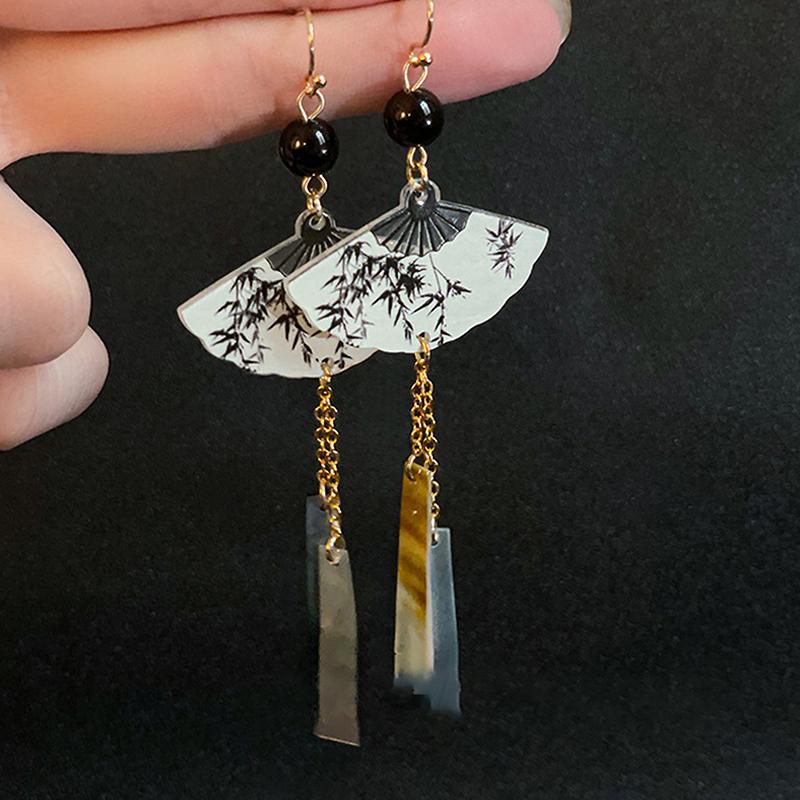 1Pair Chinese Style Vintage Fan Pendent Long Tassel Earrings For Women Girls National Style Temperament Earrings Jewelry Gifts