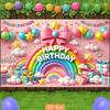 2D Pink Happy Birthday Backdrop Banner, Rainbow & Balloons Party Decor