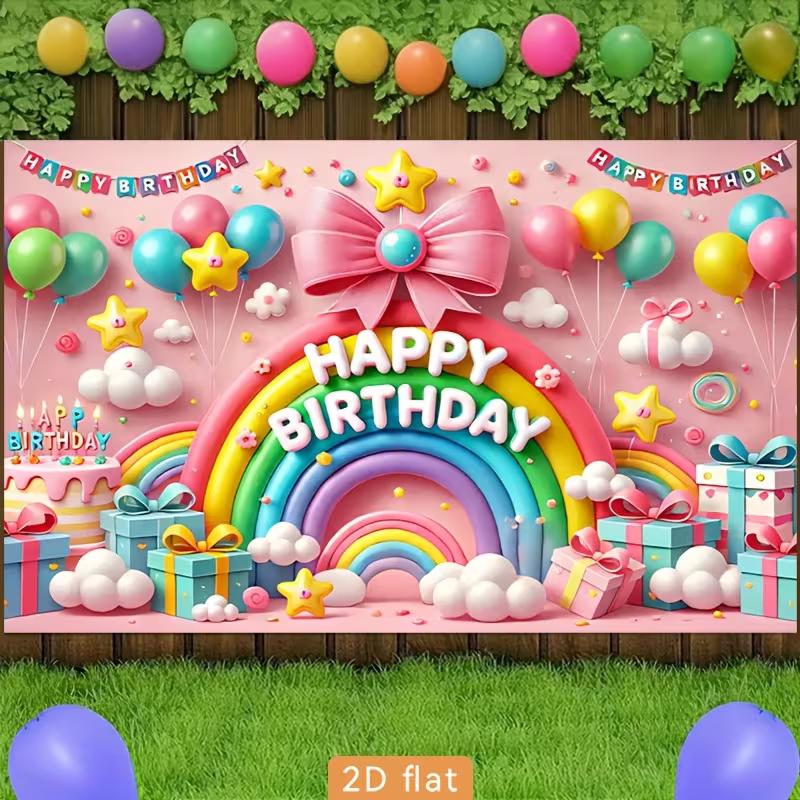 2D Pink Happy Birthday Backdrop Banner, Rainbow & Balloons Party Decor