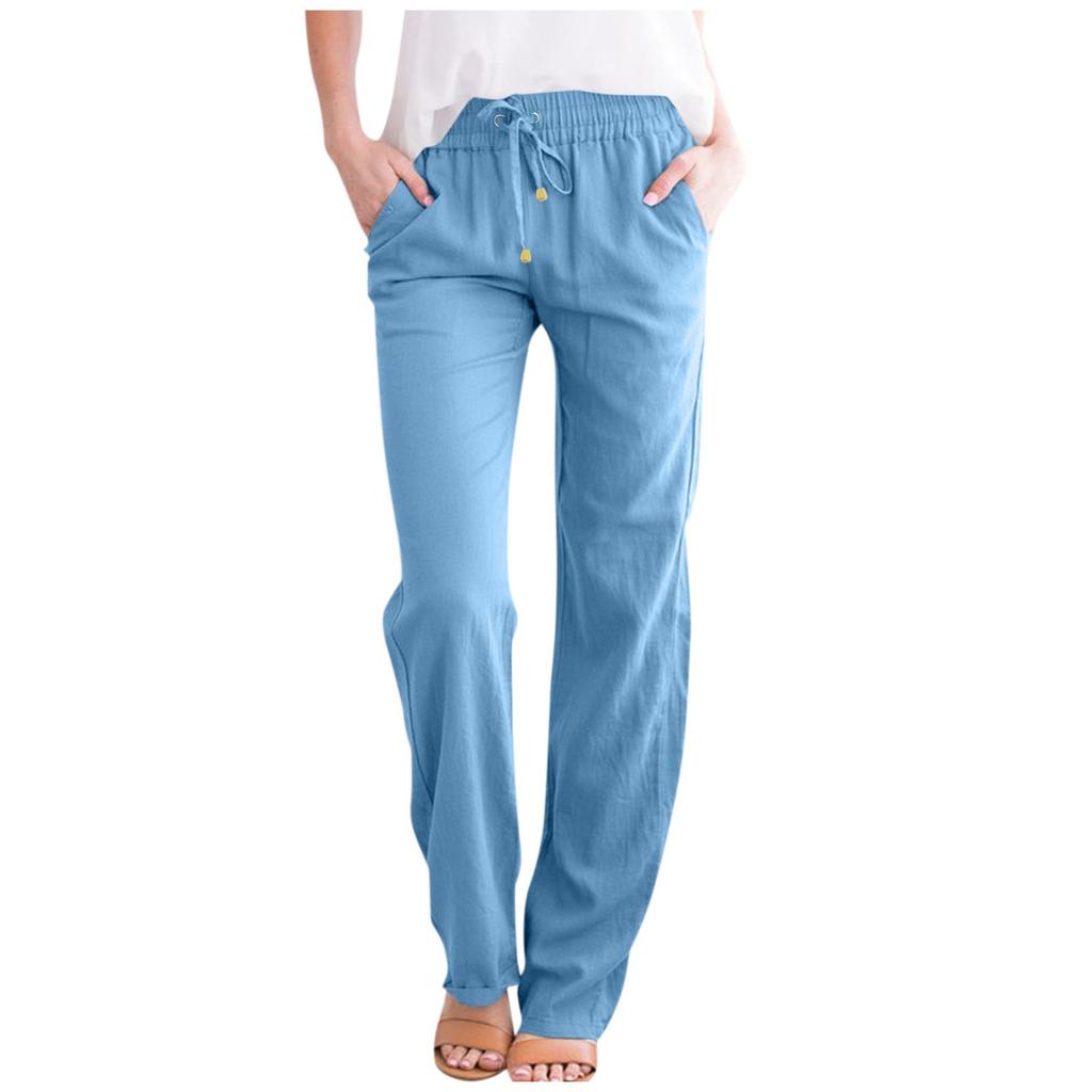 Женские повседневные хлопковые и льняные однотонные длинные прямые брюки с эластичной резинкой на талии