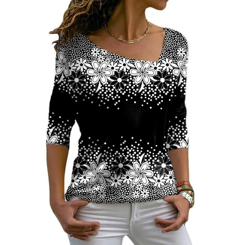 Футболки с косым воротником, длинный рукав, цифровая модная принтованная косая горловина, женская повседневная футболка для женщин