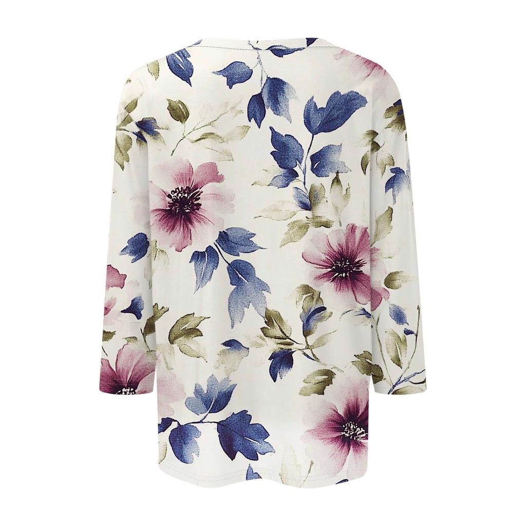 Women's Fashion Casual 3/4 Sleeve Floral Button Printed Round Neck Pullover Top Casual Clothing