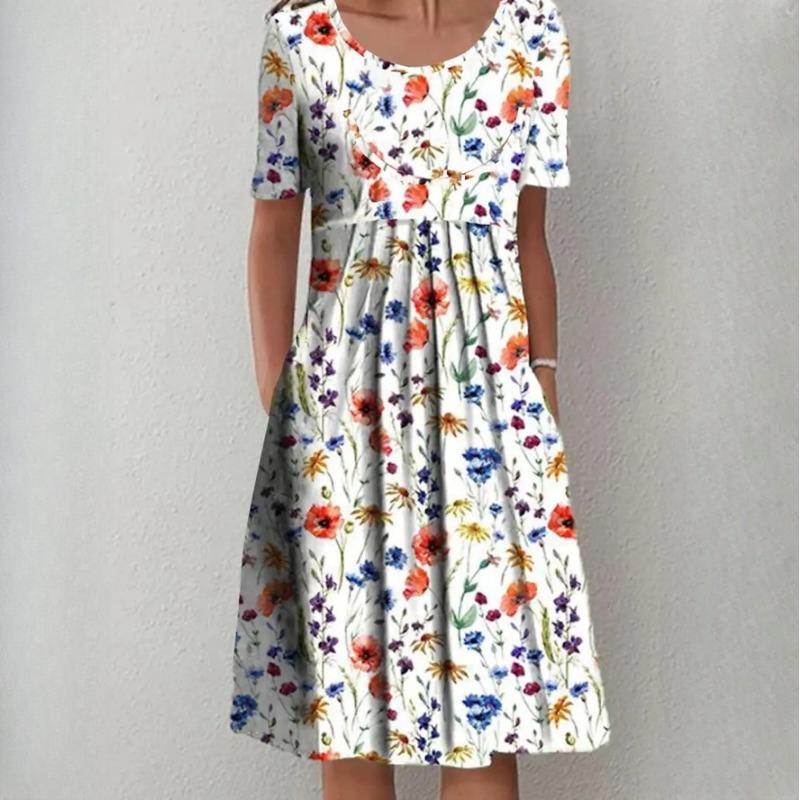 QICED Женская мода лето весна однотонный принт с коротким рукавом и круглым вырезом с высокой талией повседневные платья