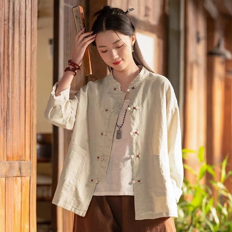 Johnature Женские рубашки в китайском стиле, топы с длинными рукавами и пуговицами, однотонные блузки, весенние свободные рубашки