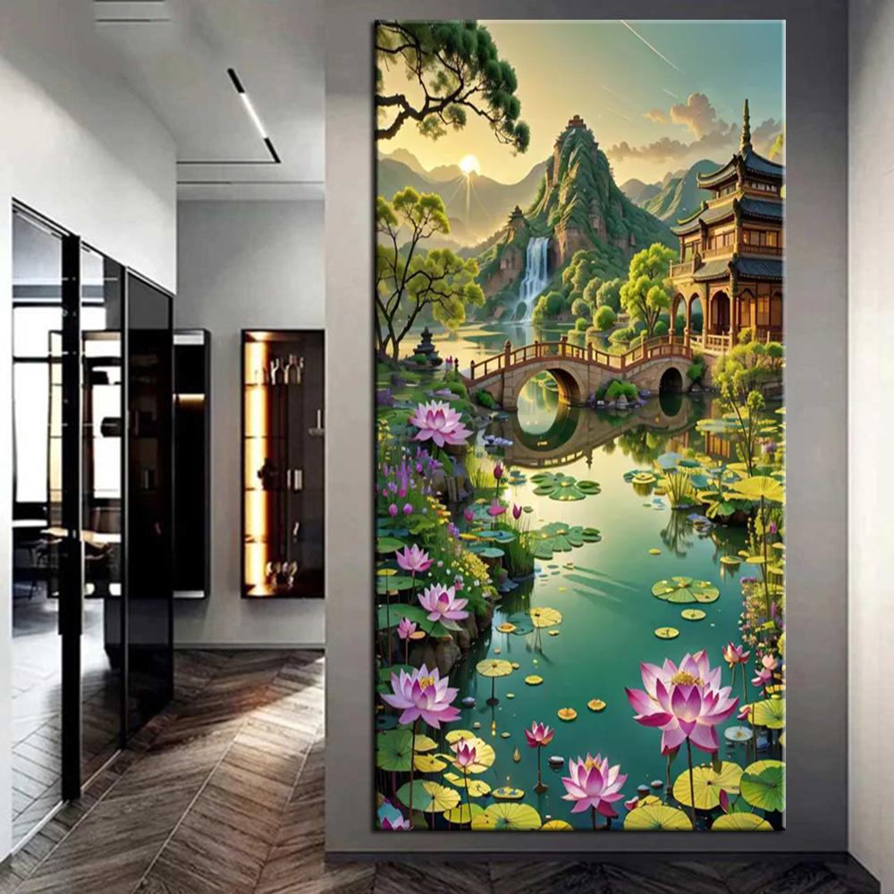 Полный дрель ручной работы DIY Лотос двор пейзаж комплект алмазной живописи вышивка крестиком Алмазная мозаика украшение дома j3859