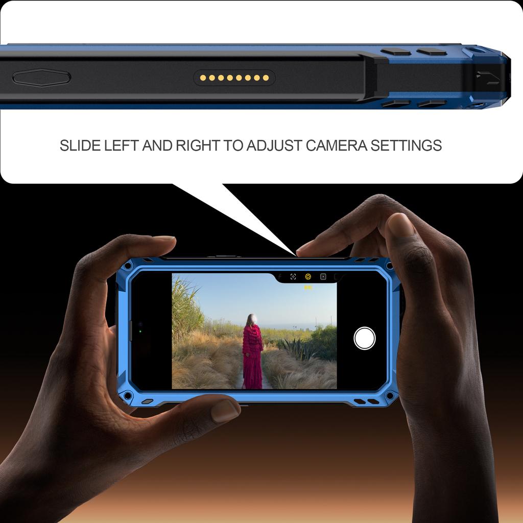 For iPhone 16 Plus Case Aluminum Alloy+Silicone Lens Kickstand Phone Cover with Tempered Glass Film