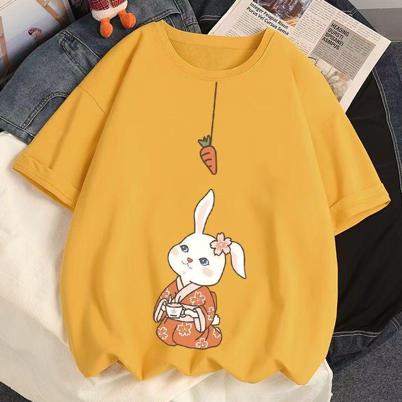 Футболка с изображением кролика из хлопка для женщин 2025 года, летние новые белые трендовые женские свободные топы с короткими рукавами