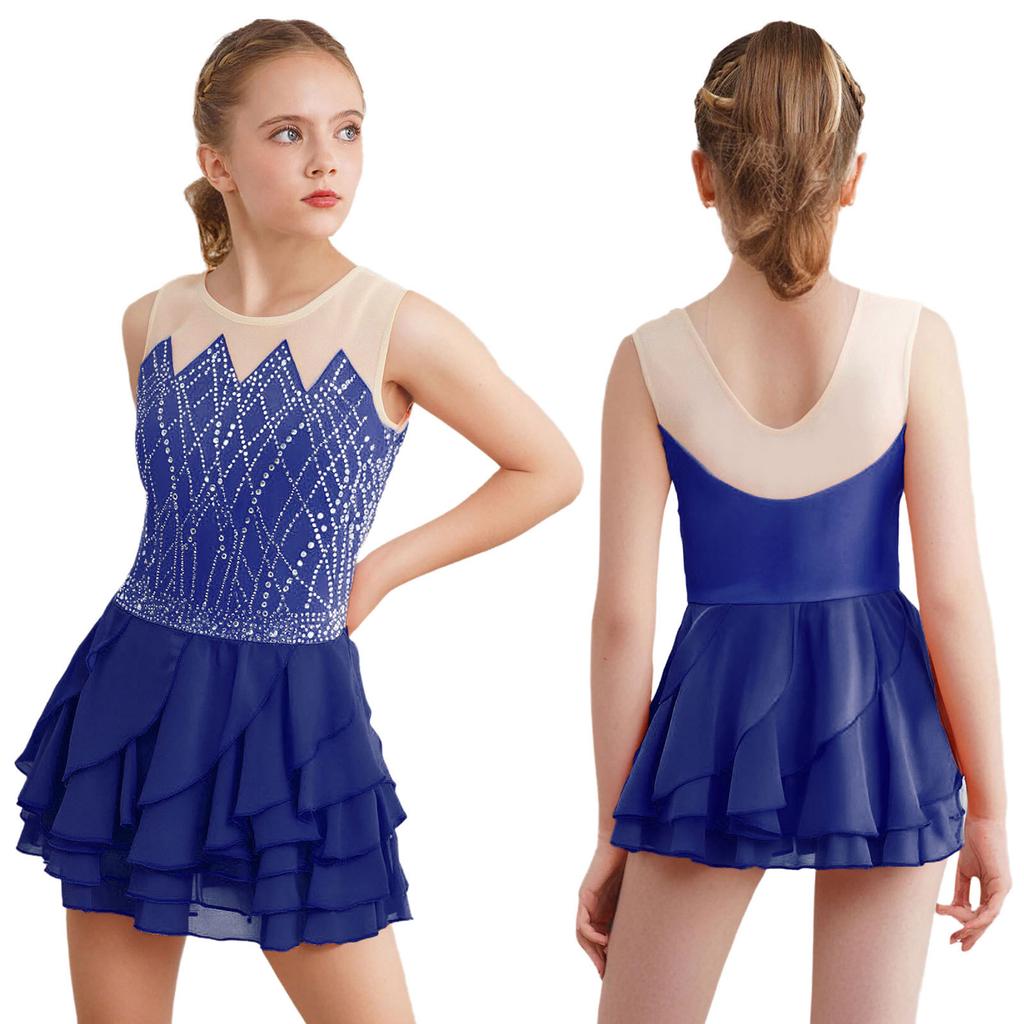 Kids Girls Rhythm Gymnastics Ballet Skirted Leotards Dresses Shiny Rhinestones Figure Skating Lyrical Dance Performance Costume