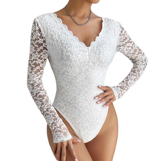 Women Bodysuit Flower Embroidery Lace Elastic Deep V Neck See-through Long Sleeve Solid Color Slim Fit Soft Breathable Spring Playsuit