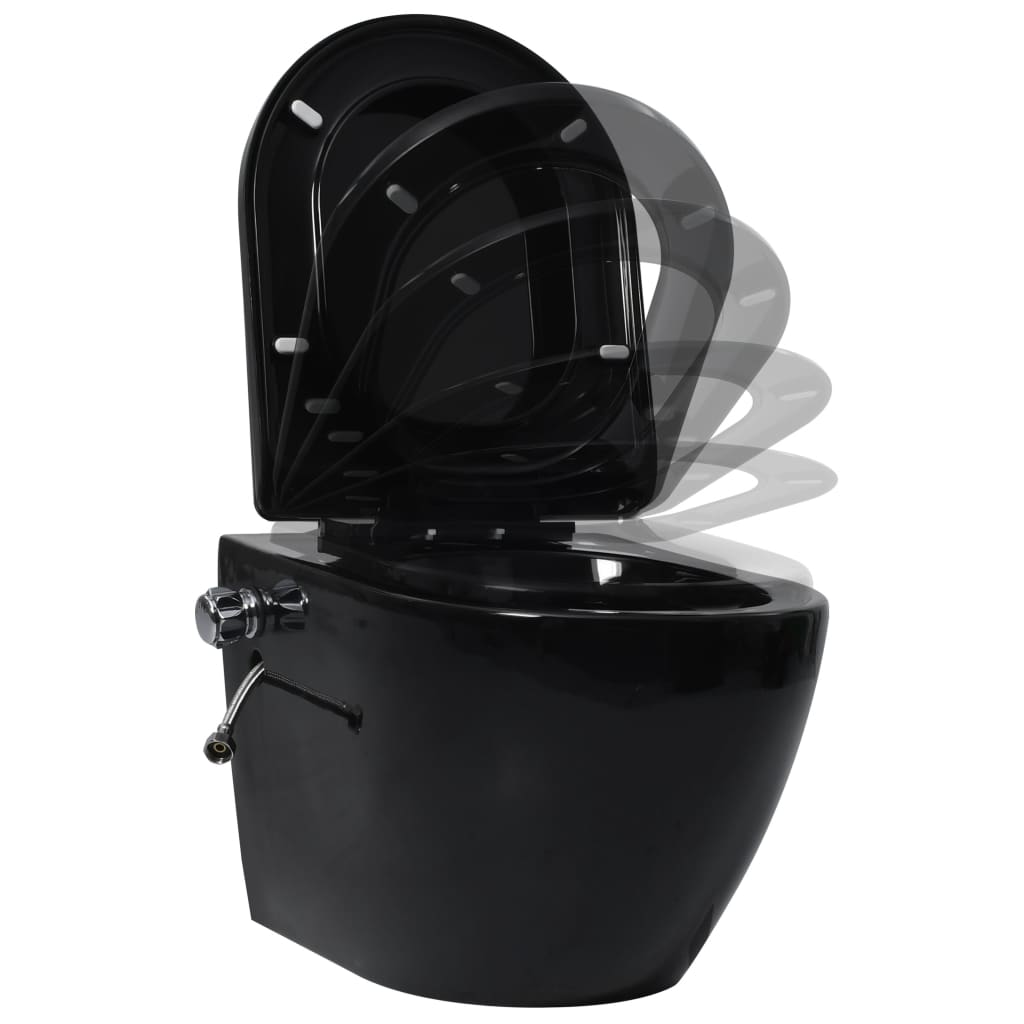 Wall Mounted Toilet without Rim Flush and with Bidet Function Ceramic Black