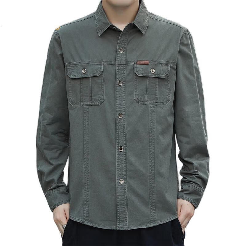 JEEP Men's Shirt, Spring And Autumn Workwear Jacket, Long-Sleeve Shirt, Loose Casual Clothing for Men, Army Green, 2XL