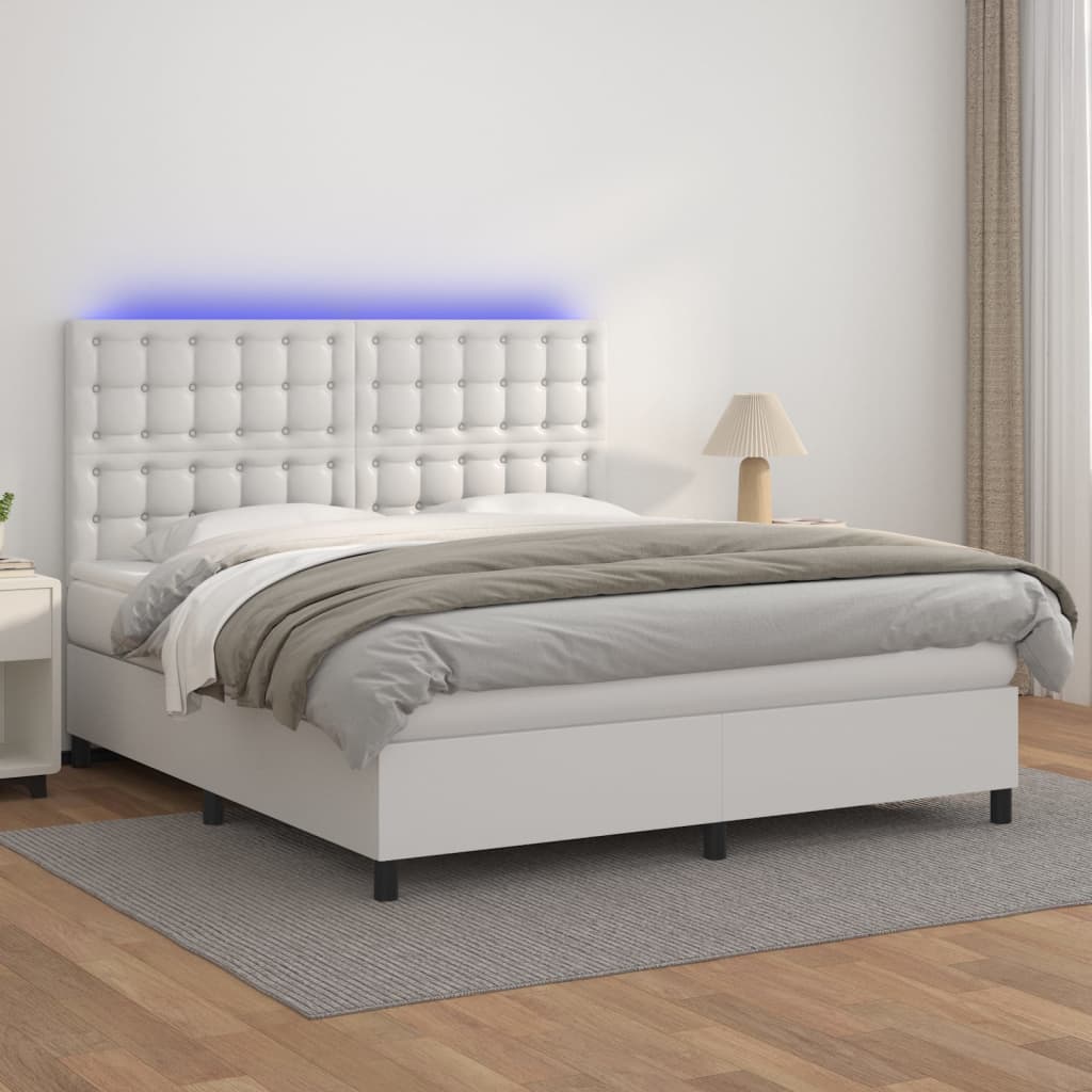 Vidaxl Łóżko Kontynentalne Z Materacem I Led, Biała Ekoskóra 160X200Cm