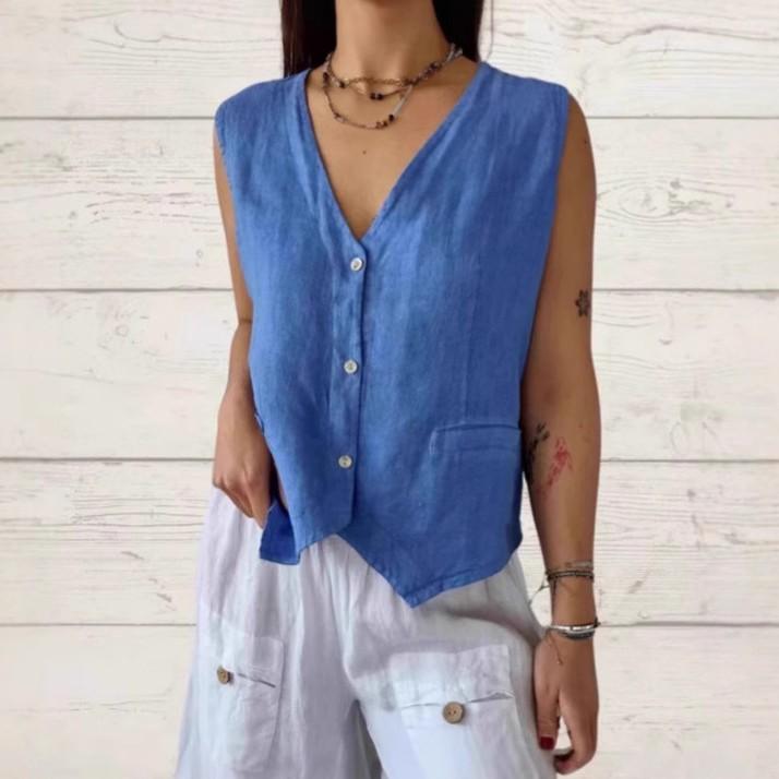 Ladies' Casual Solid-color Button-down Cotton And Linen Vest Sleeveless Cardigan