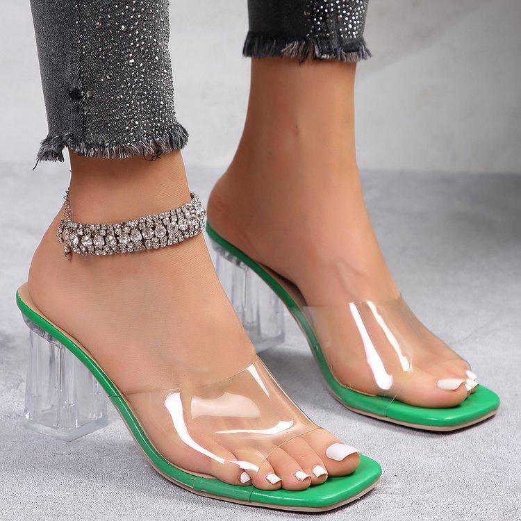 2024 большой размер лето новая мода квадратная голова одно слово прозрачный бокал для вина высокий каблук крутые тапочки женские