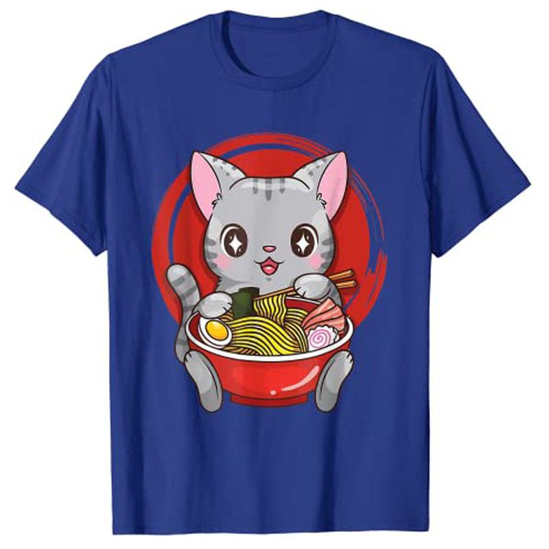 Официальная футболка для подростков RaUnisex с кошкой из аниме Kawaii Neko для японских девушек, одежда в стиле Харадзюку Y2k, котенок ест лапшу, новинка, милая футболка