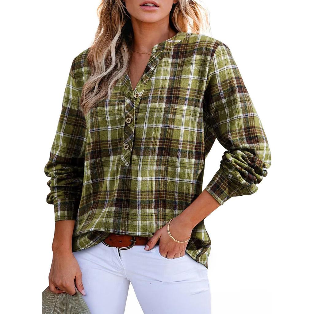 Women's V-neck Plaid Shirt Fashion Casual Shirt Button-up Top
