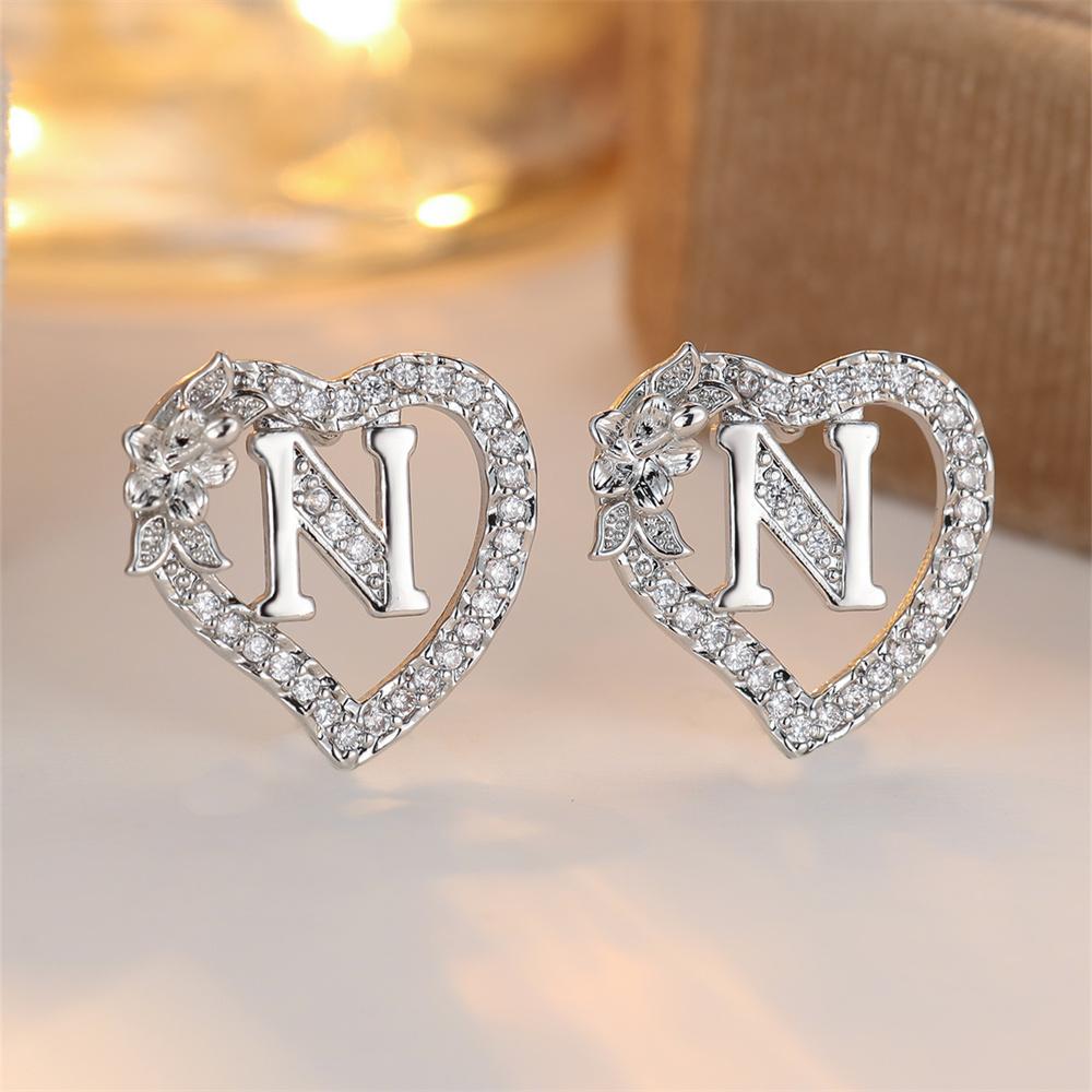 White Zircon Vintage Hollow Love Heart Letters Stud Earrings For Women Silver Color Wedding Jewelry Earring Valentine's Day Gift