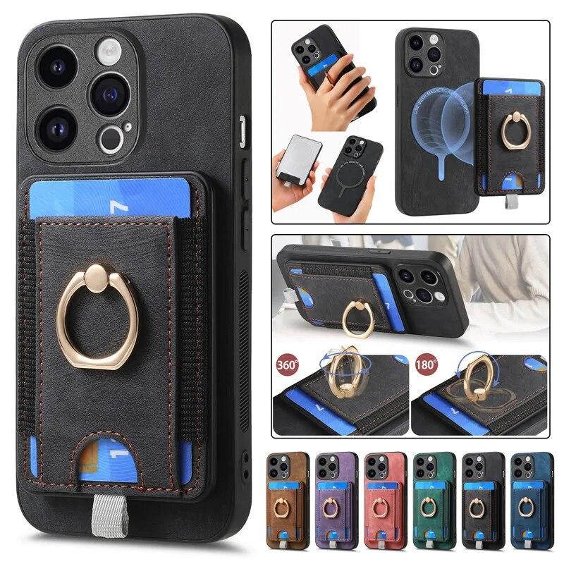 Wireless Ring Leather Wallet Phone Case for iPhone 15 Pro Max 14 Plus 13 12 11 for Samsung Galaxy S24 Ultra S23 S22 S21 FE A35 A15 A05 A54 A34 Cover
