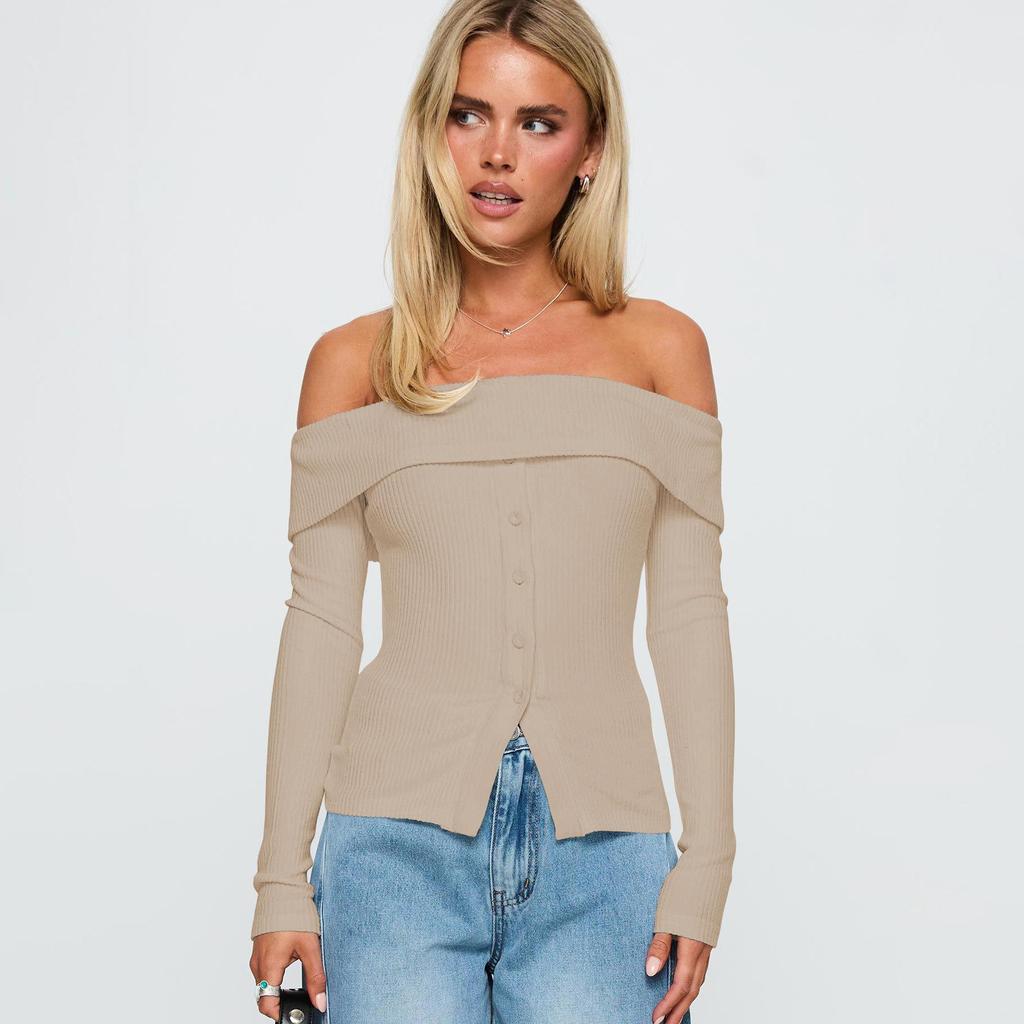 Women Y2k Off Shoulder Button Up Ribbed Knit Sweater Vintage Slim Fit Long Sleeve Foldover Pullover Top