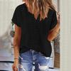 Solid Color Lace Hollow Pleated Top V-Neck Pullover Short Sleeved T-Shirt For Women