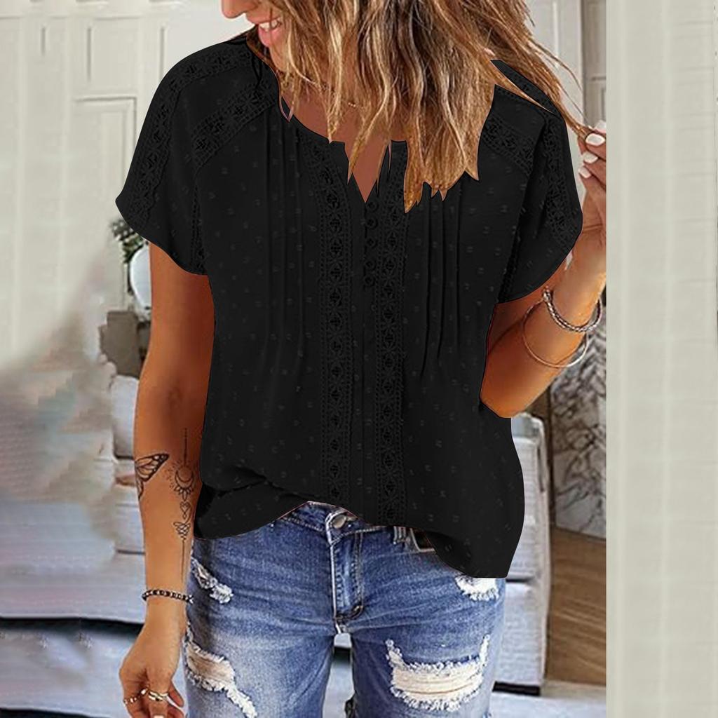 Solid Color Lace Hollow Pleated Top V-Neck Pullover Short Sleeved T-Shirt For Women