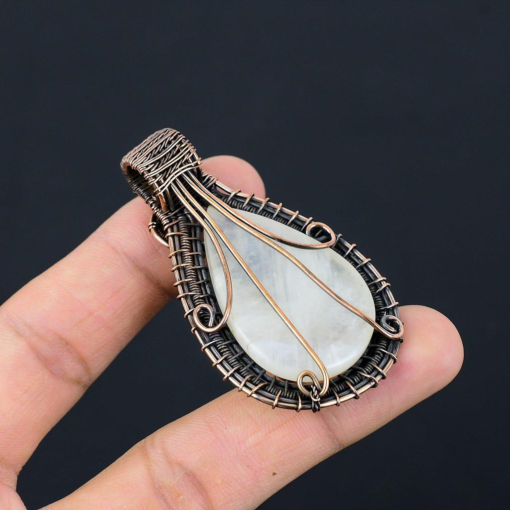 Кулон из лунного камня, обернутый медной проволокой 999 пробы, кулон из драгоценного камня ручной работы, подарок для мамы, антикварное украшение