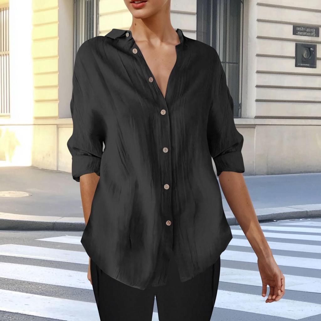 Long Sleeve Linen Shirts For Women Button Down Loose Solid Color Blouse Lightweight Casual Lapel Tunic Tops
