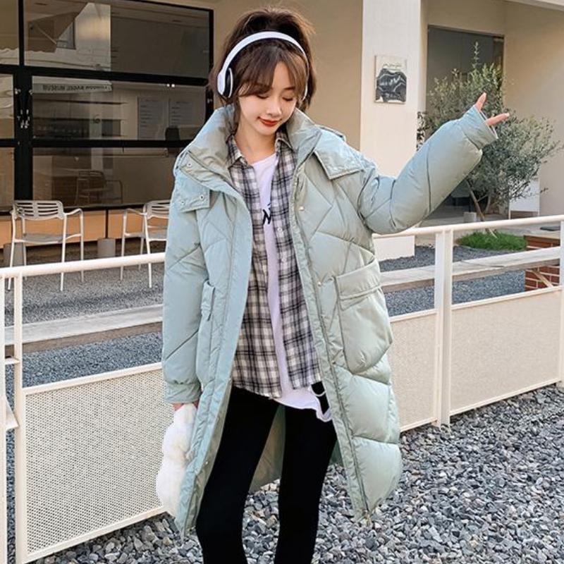 Женская осенне-зимняя однотонная свободная повседневная парка средней длины с капюшоном из ромбической решетки, пальто, куртки и верхняя одежда