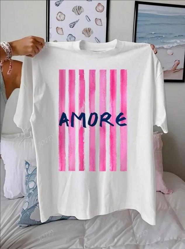 Amore Striped Art Pattern Summer Outfits Unisex Casual Round Neck Short Sleeve Female Tshirt Tops