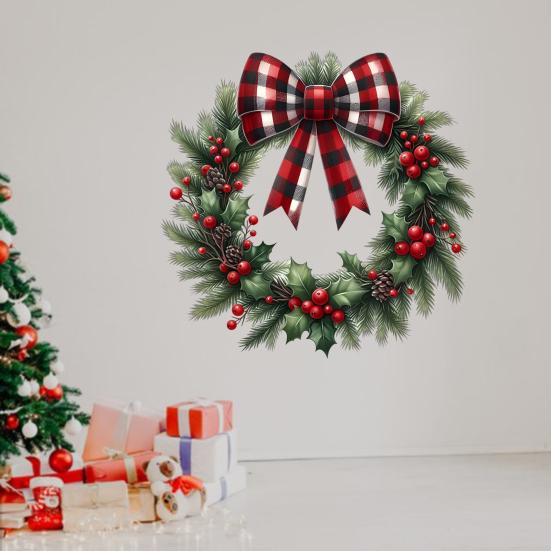 Рождественские наклейки-венки, съемные наклейки на стену, праздничные наклейки с узорами венков из сосновых шишек и бантов для декора дома, окна, стекла, двери