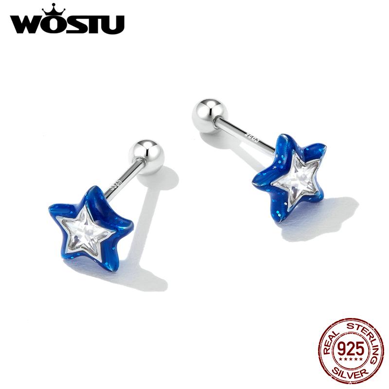 WOSTU 925 Sterling Silver Simple Mini Blue Star Stud Earrings For Women Star Zircon Ear Studs Fine Wedding Jewelry Gifts
