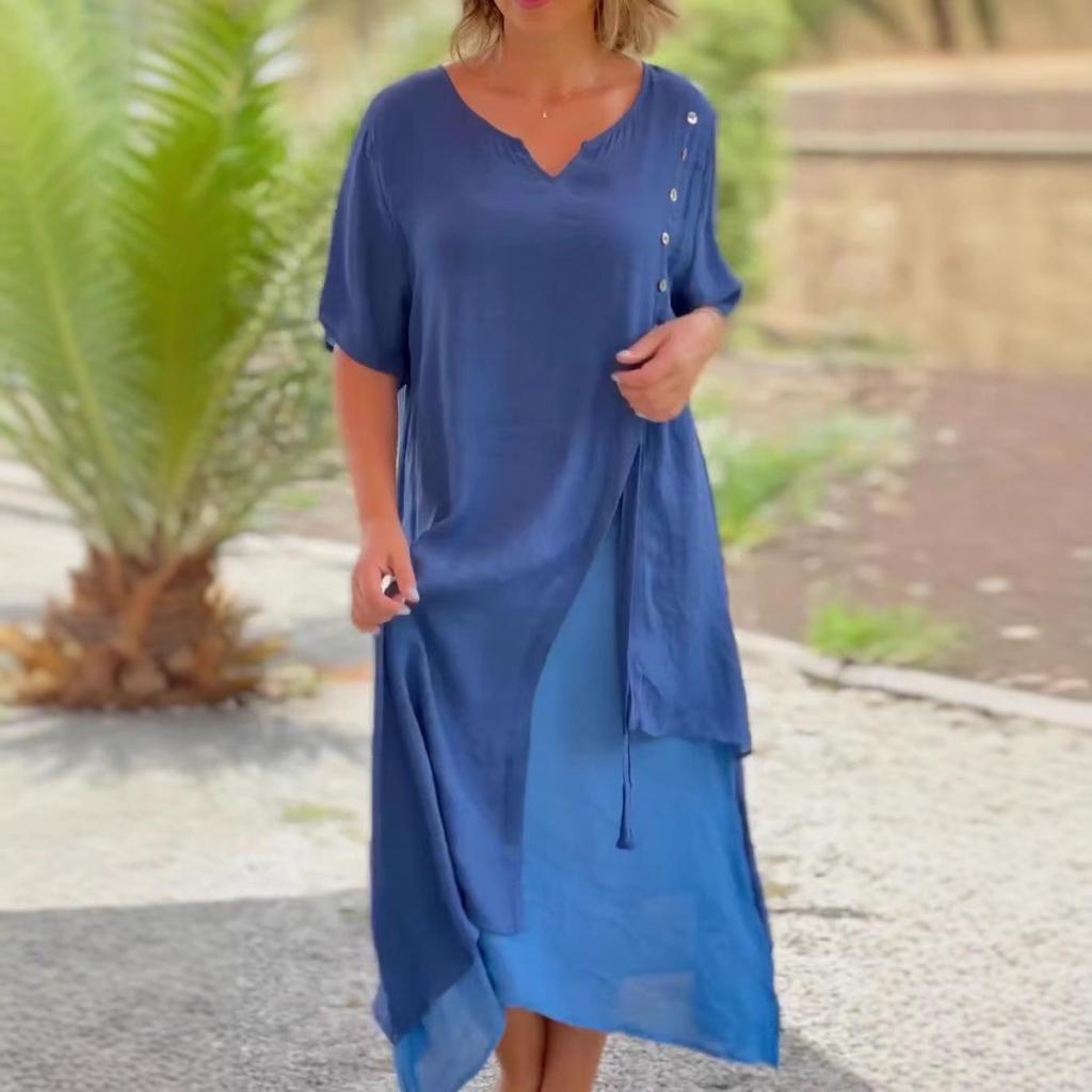 Европейское и американское женское асимметричное платье с V-образным вырезом и короткими рукавами - Летняя мода