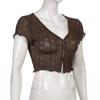 Women Retro Perspective V-neck Hollowed Cardigan T-shirt Tops Fashion Agaric Edge Short  Bare Navel Top