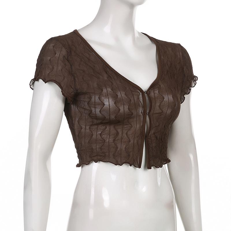 Women Retro Perspective V-neck Hollowed Cardigan T-shirt Tops Fashion Agaric Edge Short Bare Navel Top