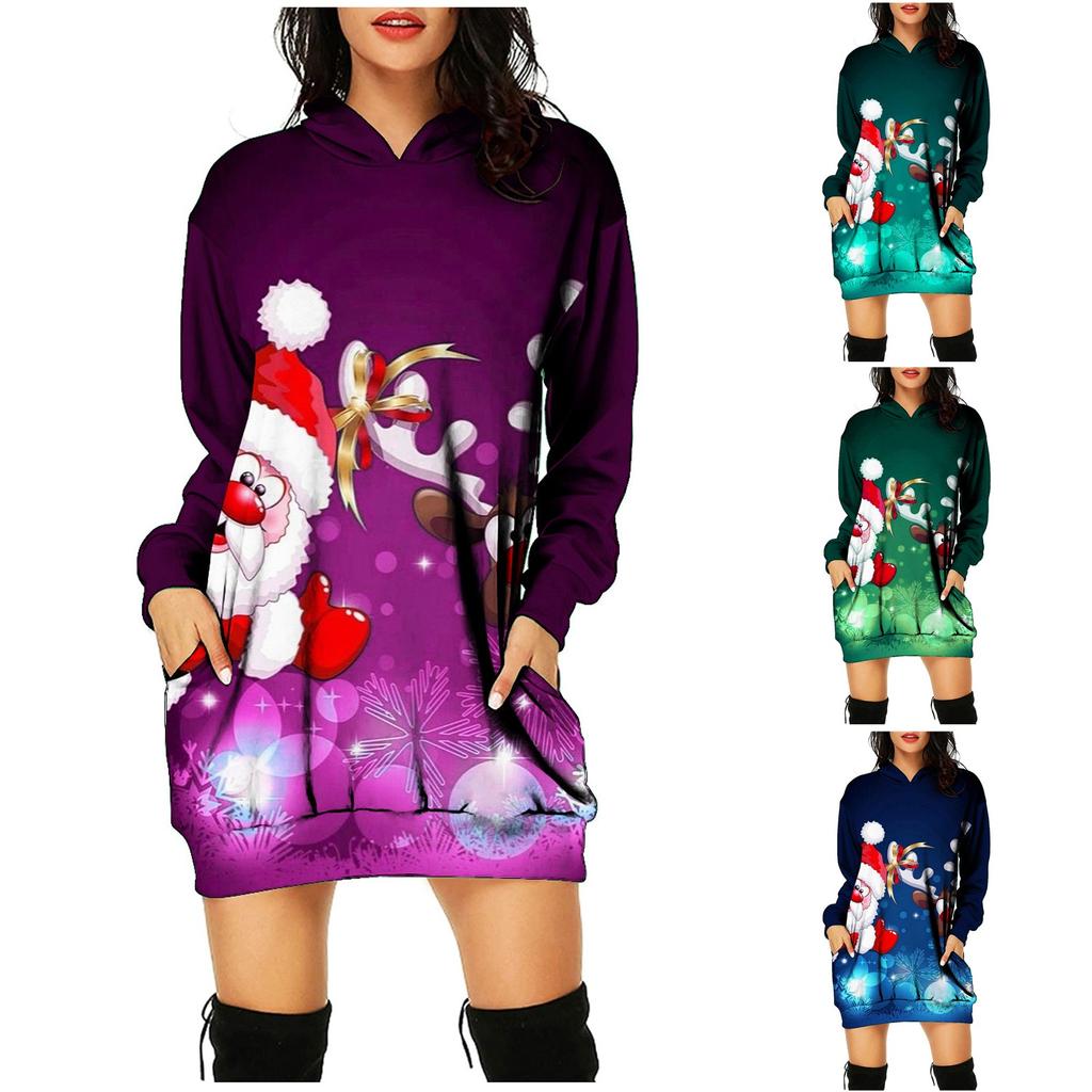 Women's  Fashion Christmas Printed Hooded Long Sleeve Mid-length Pockets Top