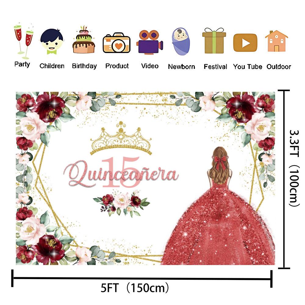 15th Birthday Party Backdrop Custom Decor Floral Crown Pink Rose Quinceañera Princess Flower Butterfly Sweet Girl Dress Photo