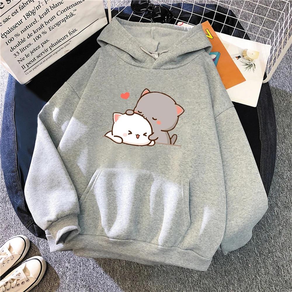 Peach Cat Kawaii Print Women Hoodie Casual Oversized Pullover Popular Streetwear Fashion Sweatshirt Couple Clothing