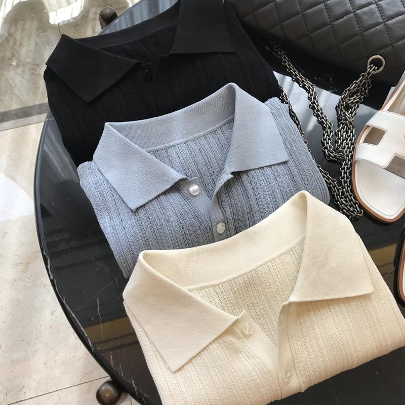 Summer Linen Tencel Breathable Cool French Polo Lapel Thin Knitted Shirt Women